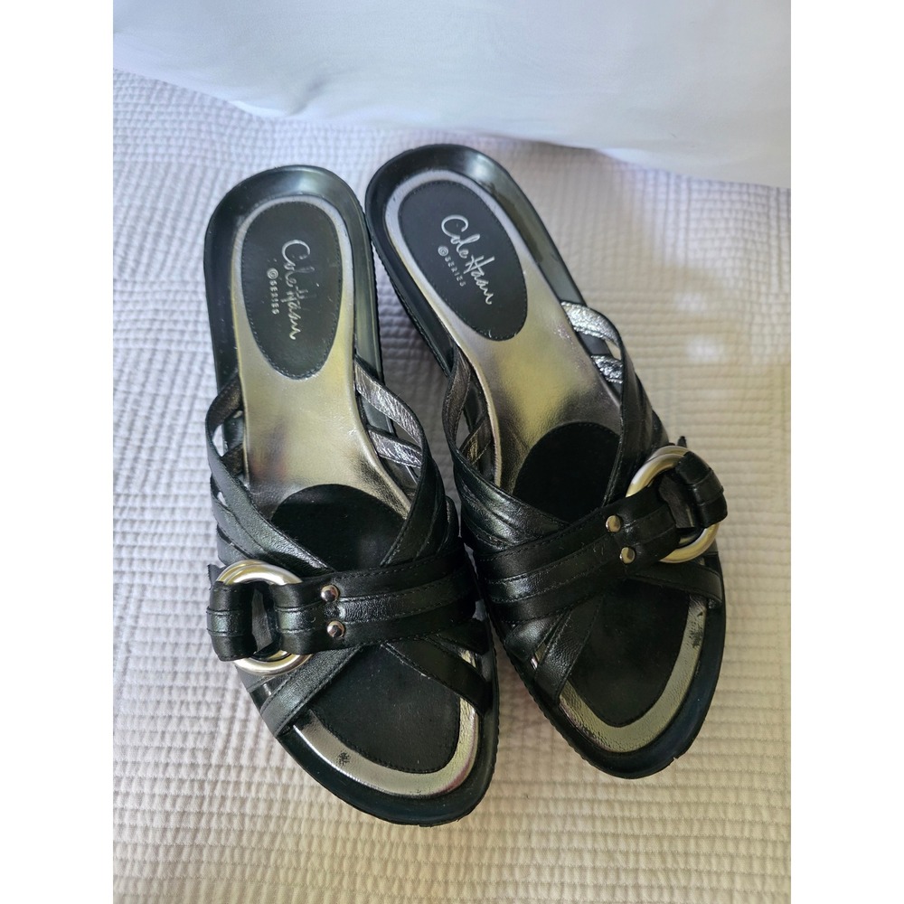 Vintage Y2K Cole Haan G Series Black Leather Nike Air Wedge Sandals Strappy 7B